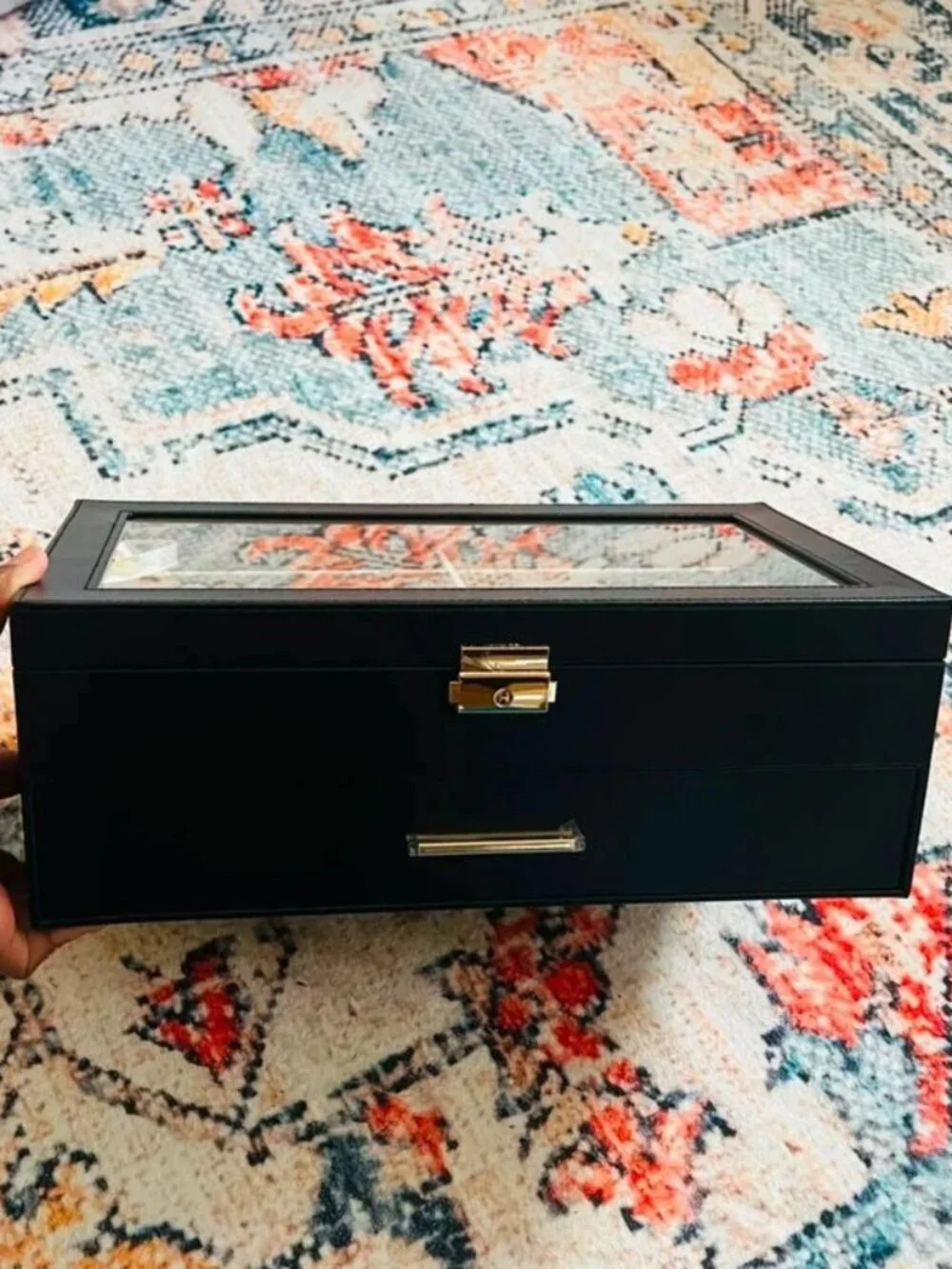 Black Jewelry Organizer Box with Glass Top and Gold Accents
